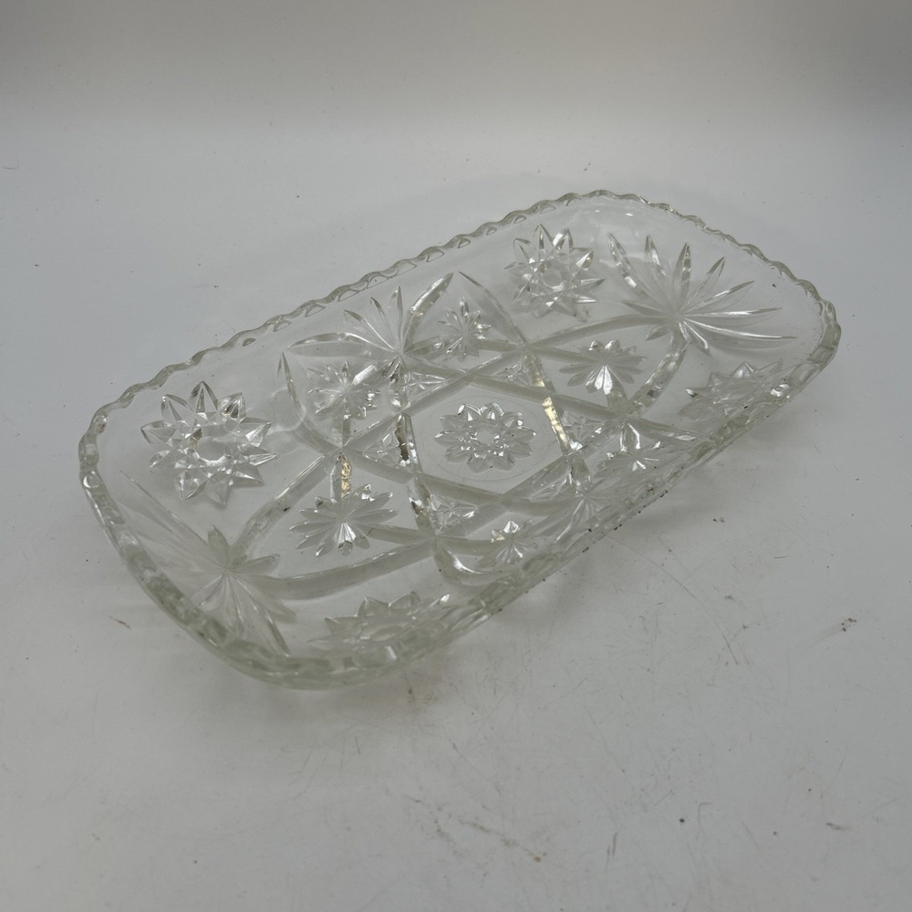 Vintage Rectangular Clear Cut Glass Serving Tray Platter 12" Ready For Christmas